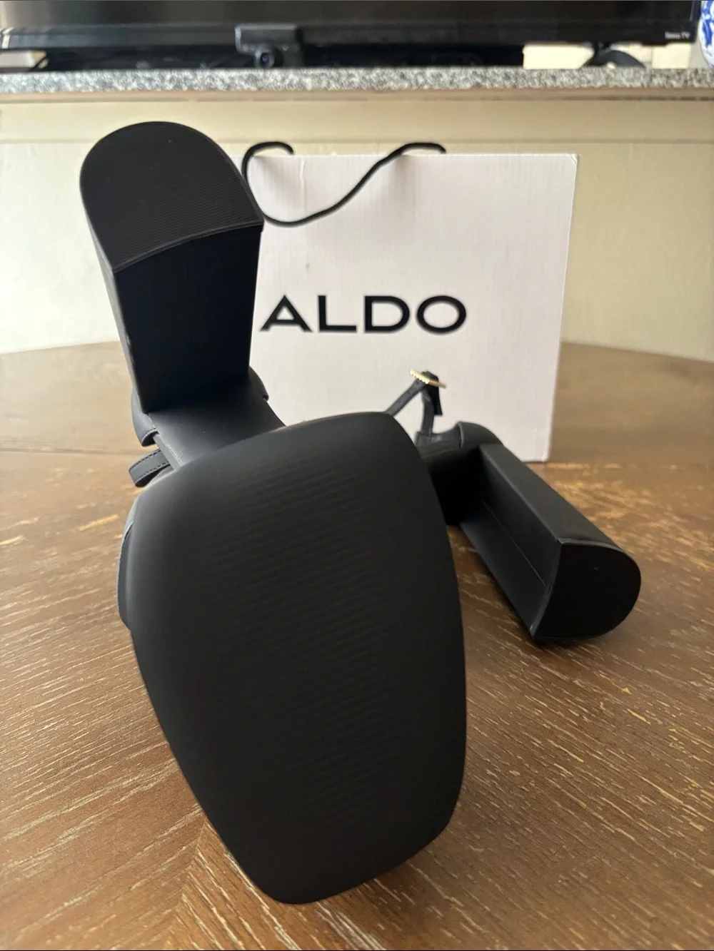 ALDO Grandle double-platform block-hell square toe rhinestone strap 6” heels